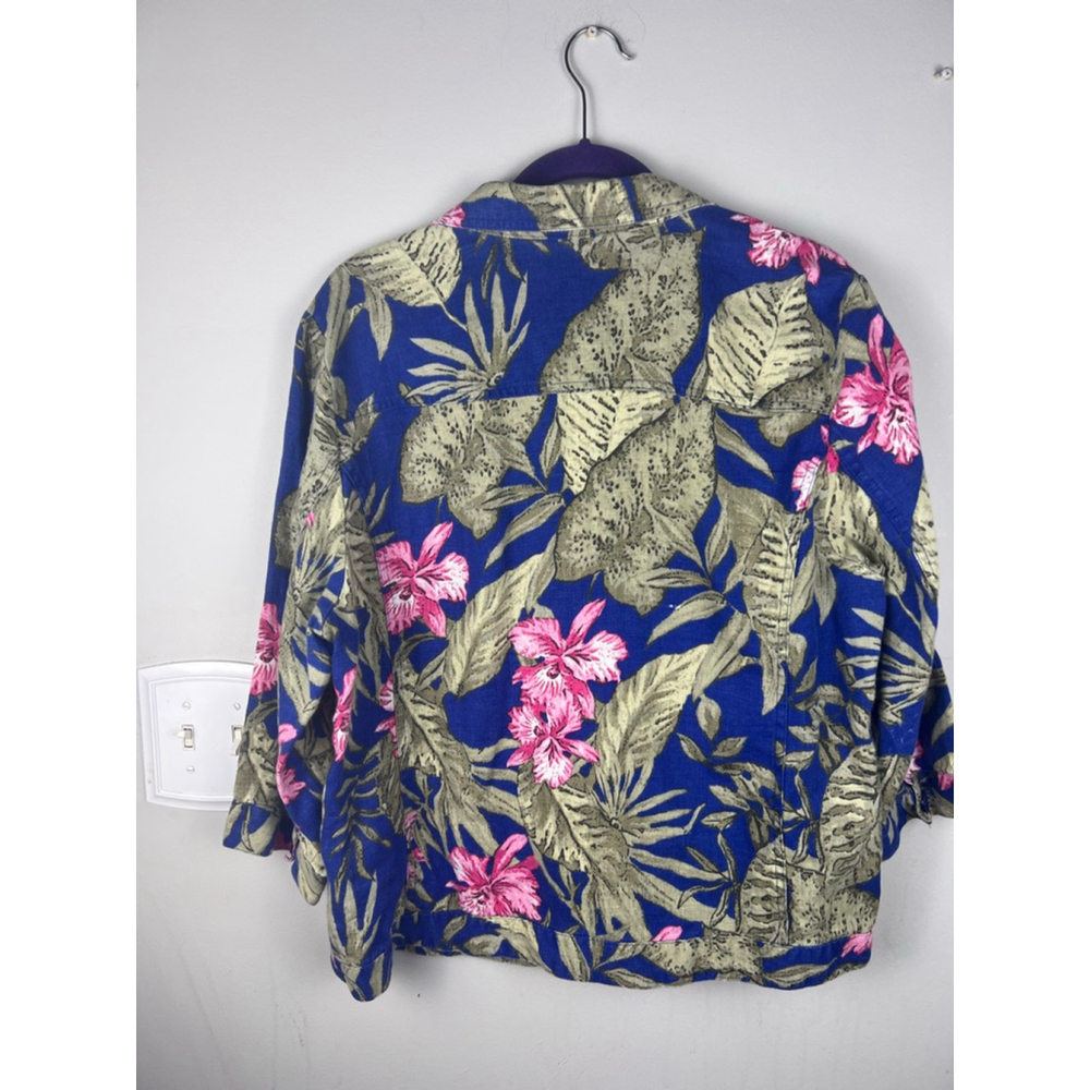 Chico’s Size 3 Blue Pink Floral Linen Button Front Top 3/4 Sleeve Resort Tahiti